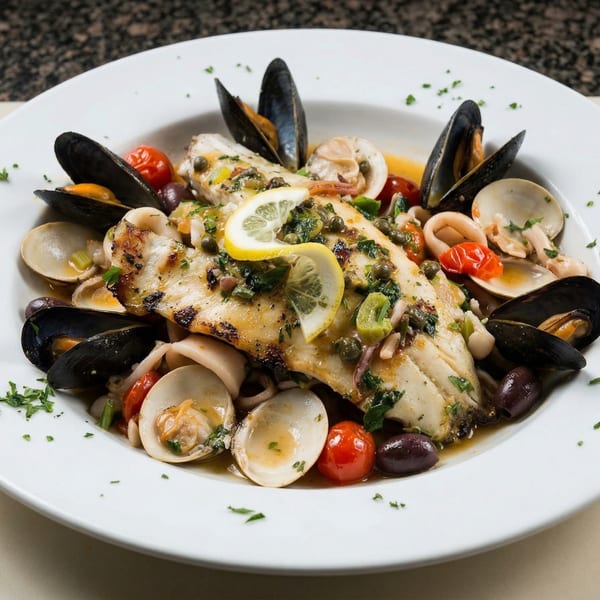 Grilled fish fillet with mussels, clams, calamari, cherry tomatoes, olives, and lemon slices.