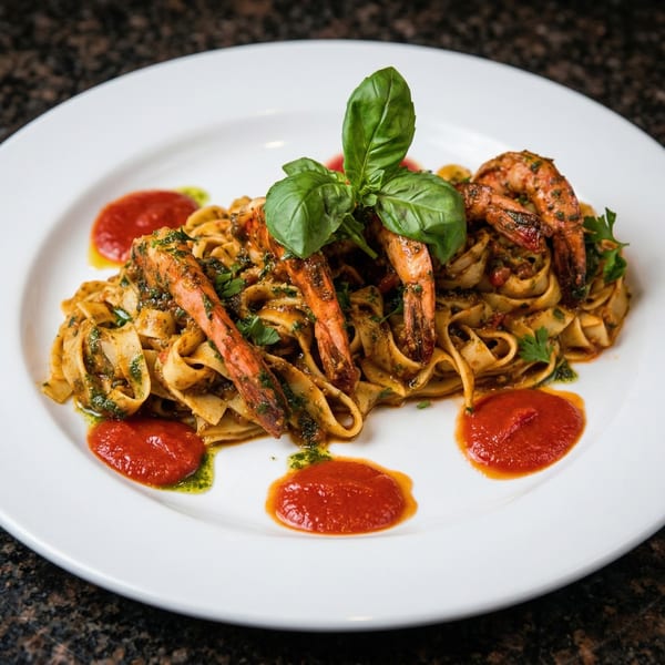 Fettuccine pasta with grilled shrimp, pesto, and dollops of red sauce on a white plate.