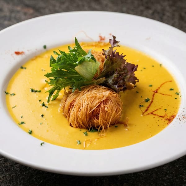 Creamy yellow soup with a nest of crispy noodles and fresh green and red lettuce.