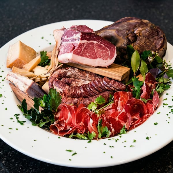 A white plate filled with various cured meats, cheeses, and fresh herbs on a dark surface.