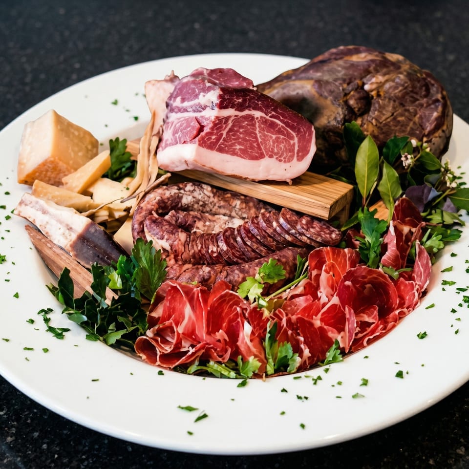 A white plate filled with various cured meats, cheeses, and fresh herbs on a dark surface.