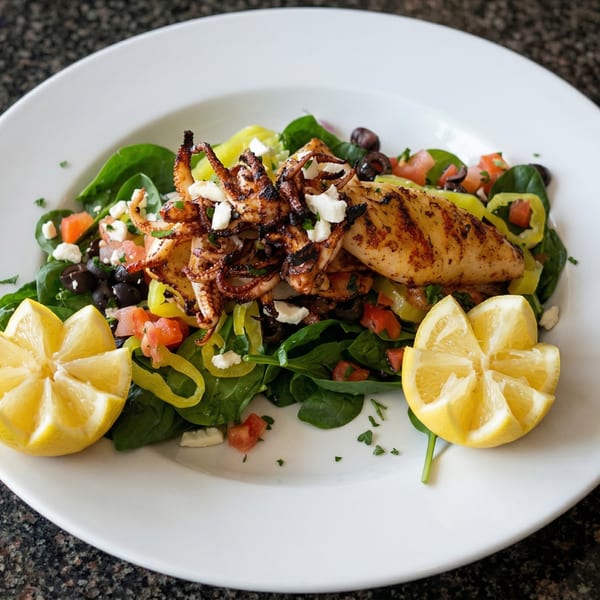 Grilled calamari with spinach, tomatoes, olives, feta, and lemon wedges on a white plate.