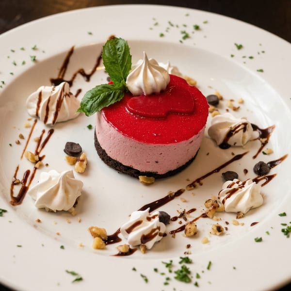 A pink cheesecake with red topping, meringue, nuts, and chocolate drizzle on a white plate.