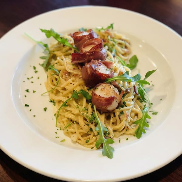 Creamy spaghetti pasta topped with bacon-wrapped scallops, fresh arugula, and parsley on a white plate.