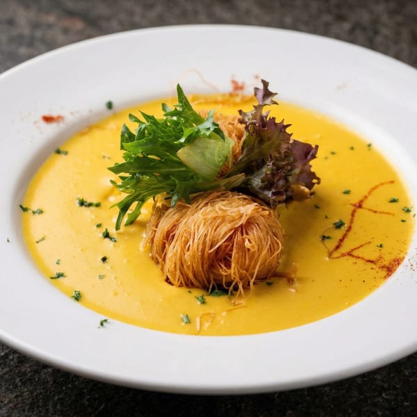 Creamy yellow soup with a crispy noodle-wrapped appetizer and fresh green and red lettuce.