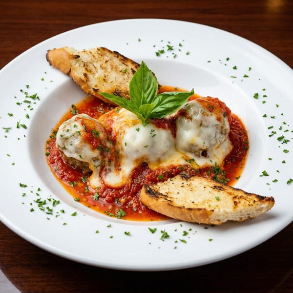 Three cheesy meatballs in marinara sauce with toasted bread and basil on a white plate.